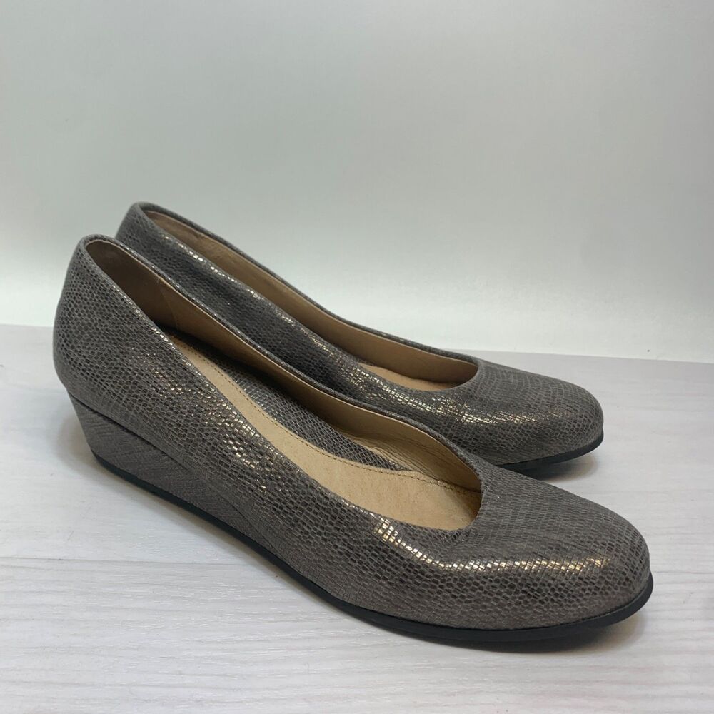French Sole Women's Size 8 Gray Metallic Leather Wedge Pumps Heels Shoes